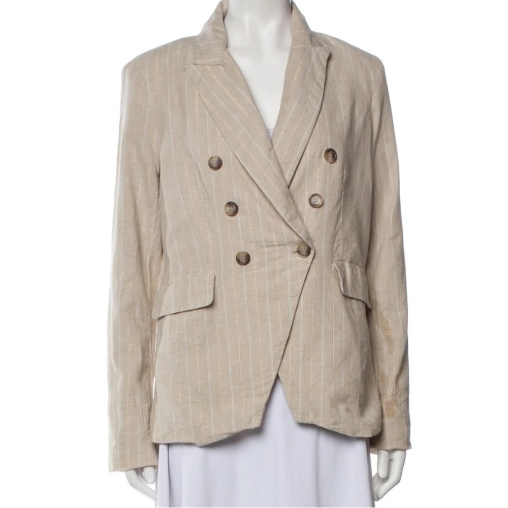 Joie Womens Beige Gold Linen Cotton Lurex Pinstripe Double Breasted Blazer M